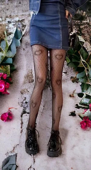 Heart Print Mesh Tights Black Sexy Cut Out High Waist Fishnet Pantyhose One Size thumbnail 1