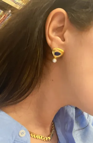 18k Gold Plated Stud Earrings Authentic Natural Stone Lapis Stainless Steel thumbnail 3