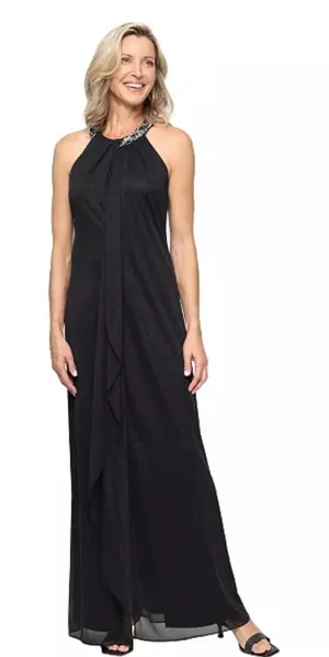 SLNY Womens Black Embellished Halter Neck Draped Evening Gown 119005 Size 14 thumbnail 1