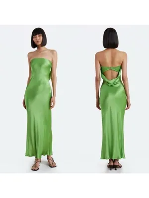 Bec + Bridge Moon Dance Strapless Dress 10 Sweet Pea Green Satin Cutout Draped thumbnail 3