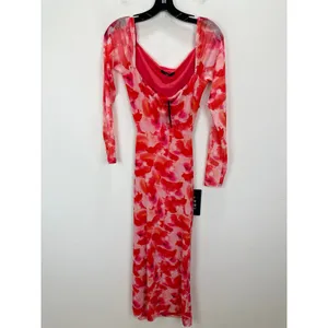Lulus Dasia Pink and Red Abstract Print Mesh Cutout Midi Dress Large NWT thumbnail 6