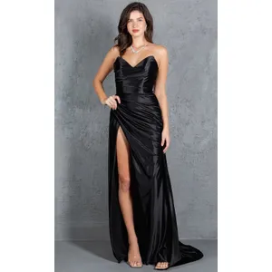 Promgirl Black Satin Strapless Long V-Neck Leg Slit Evening Dress M thumbnail 2