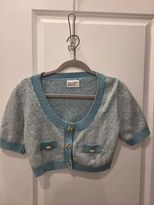 MATTHEW BRUCH Tweed Knit Cropped Cardigan in Seafoam / Light Blue - Size 2 / M thumbnail 2