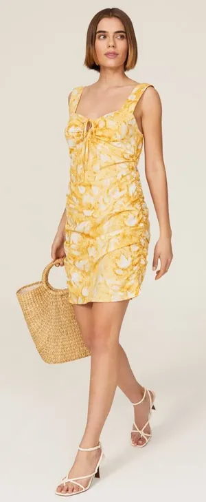 NWT Anthropologie Louna Yellow Floral Print Tie-Front Ruched Mini Dress Large thumbnail 1