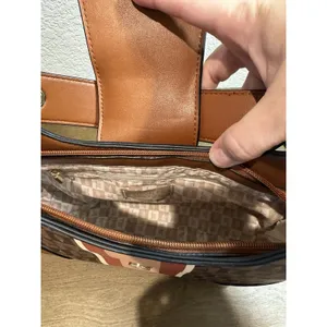 London Fog Collection Brown Monogram Stripe Hobo Shoulder Bag Gold Chain New thumbnail 6