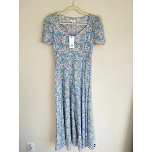 NWT‎ LOVESHACKFANCY Hutchinson Floral Midi Dress Rainbow Blast blue pink v neck thumbnail 3