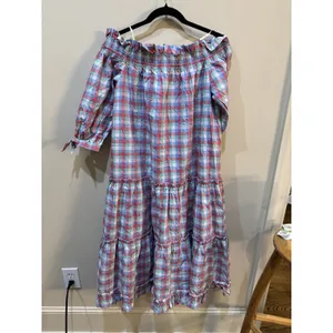 KATE SPADE Plaid Madras Off Shoulder Dress Size Medium Ruffle Tiered Picnic thumbnail 4