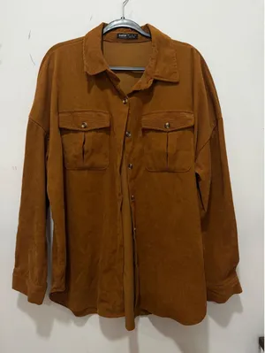 SHEIN Womens XL Corduroy Button Down Shirt Brown Oversized Shacket Long Sleeve thumbnail 1