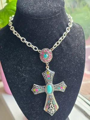 Turquoise Garnet Cross Necklace 16” thumbnail 1