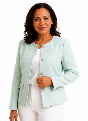 NWT JM Studio John Meyer Light Mint Green Tweed Blazer Jacket Pearl Gold Button Linen Blend Preppy Old Money Office Siren #Regal #Regency Women M Measurement in pics thumbnail 1