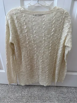 Belldini Open Knit Cable Cardigan Sweater V-Neck Gold Button Cream Ivory thumbnail 5