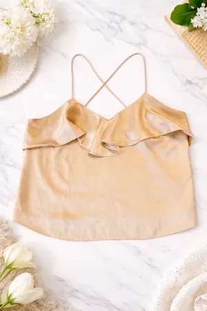Harlyn Champagne Satin Ruffle Cami | Boho Chic Cross-Back Tank - Size LP thumbnail 2