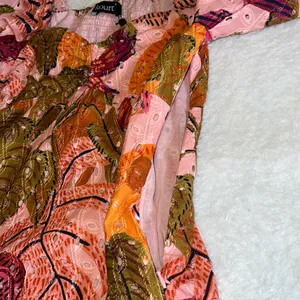 Kourt Tropical Leaf Puff‎ Sleeve Mini Dress Pink Orange Multicolor Size S NWT thumbnail 11