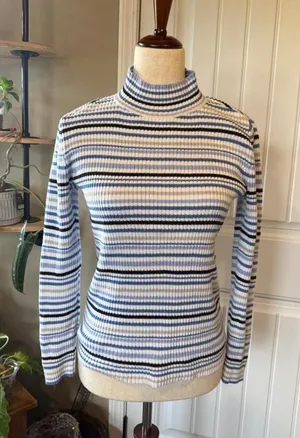 Studio‎ Works Blue White Black Striped Mock Neck Long Sleeve Knit Sweater Size S thumbnail 1