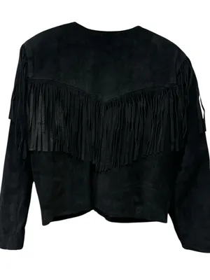 Vintage Black Suede Fringe Leather Cropped Western Boho Style Jacket Size: M thumbnail 6