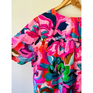 Johnny Was Sz L Ruffe Seam V Neck Blouse Top Embroidered placket floral thumbnail 6
