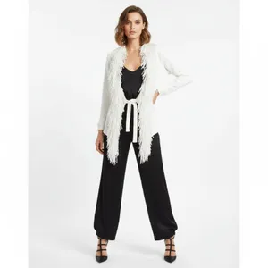 Ruby Rd. Ivory Fringe Trim Cotton Cardigan Tie Ponte Knit Sweater M thumbnail 10