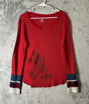 Disney Parks Red Thermal Mickey Mouse Crochet Cuff Boho Hippie Top Large thumbnail 1