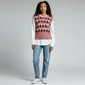 Vtg Knit Vest Academia USA SZ Med Pink Burgundy Plaid Preppy FLAW McGregor thumbnail 8