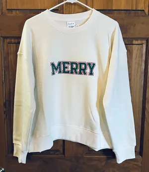 White 'Merry' Women's Christmas festival holiday cozy Sweater Size large thumbnail 1
