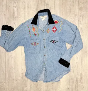Vintage panhandler slim blue jean denim embroidered western button shirt lg thumbnail 1