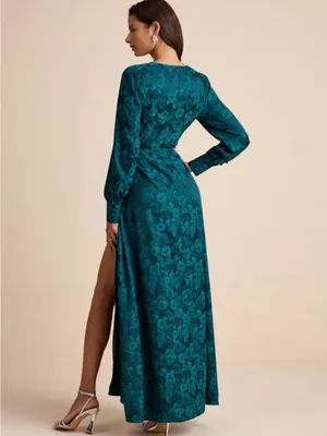 Lulu's Teal Floral Wrap Maxi Gown with Slit thumbnail 5
