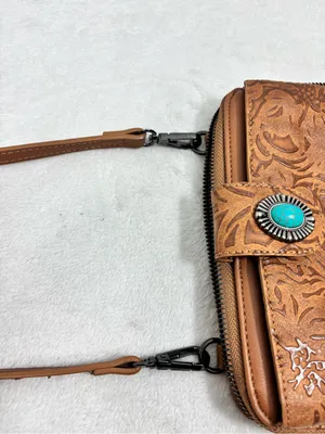 LAVAWA Tooled Brown Leather Crossbody Wallet with Turquoise Accent thumbnail 11