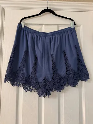 Anthropologie Elevenses Navy Blue Lace Drawstring Linen Shorts Size XL thumbnail 4