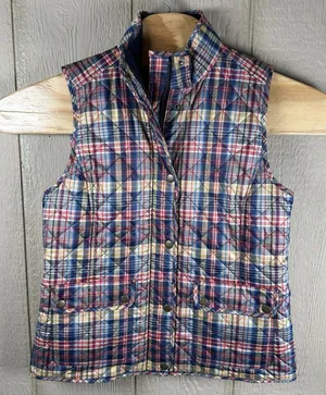 Talbots Quilted Tartan Plaid Puffer Vest Womens Small Petite SP Blue Red Yellow thumbnail 1