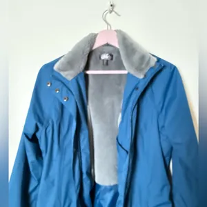 Orb Brand nylon rain‎ jacket snap zip utility faux fur lining blue gray thumbnail 3