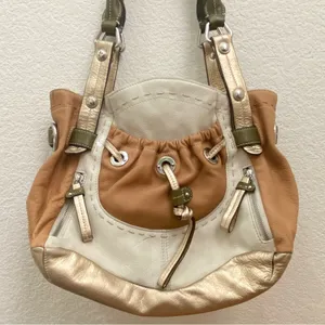 B. MAKOWSKY Tan Beige Gold Leather Slouchy Double Handle Shoulder Bag thumbnail 4