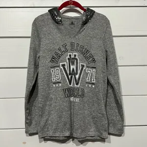Walt Disney World Sweatshirt M Sequin Hooded Gray Silver Graphic Distressed thumbnail 2