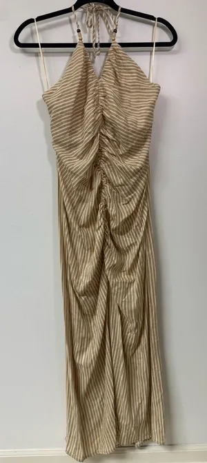 Zara Beige and White Striped Halter Ruched Maxi Dress Women’s Size Medium thumbnail 1
