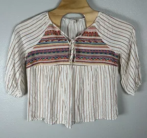 Savanna Jane Size Large Embroidered Boho Peasant Top Tie Festival Hippie Blouse‎ thumbnail 1