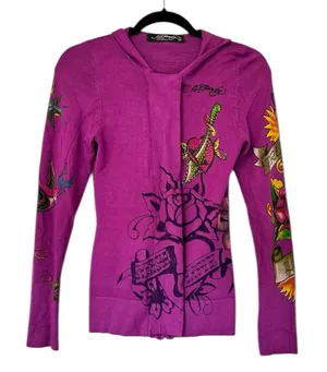 Ed Hardy Y2K Eternal Love Dagger Geisha Zip Front Hooded Cardigan Sweater XS thumbnail 1