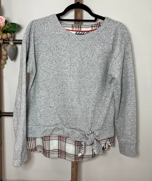 Izod Womens Grey Speckled Sweatshirt Plaid Tie Front Layered Look Size Medium‎ thumbnail 1
