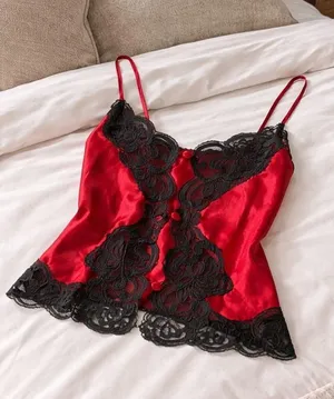 Victoria's Secret Gold Label Red Satin Camisole with Black Lace Size Medium thumbnail 1