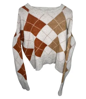 Bibi Cream And Orange Argyle Plaid Fall Knit Pullover Sweater Size L thumbnail 1