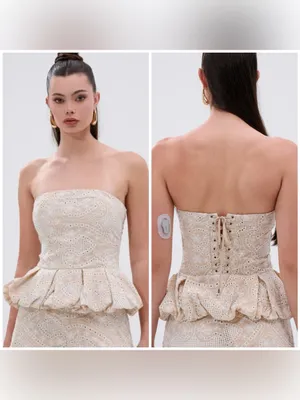 Akira Summer Time Bliss Beige Eyelet Peplum Corset Top Strapless Lace Up Size XL thumbnail 7