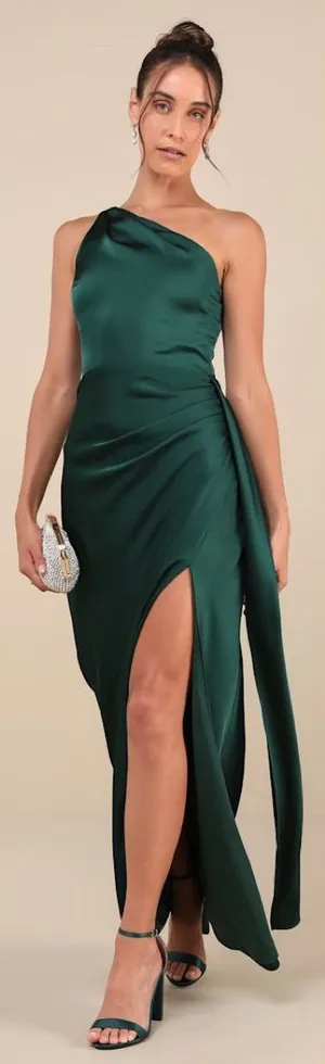 Lulus Signature Elegance Emerald Satin One-Shoulder Maxi Dress Size Large Formal thumbnail 1