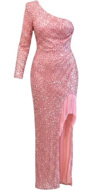 Giffniseti Pink‎ One Shoulder Sequin Fringe High Slit Formal Gown Dress Size M thumbnail 1