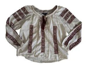 American Eagle Outfitters White Peasant Blouse with Brown Embroidery thumbnail 1
