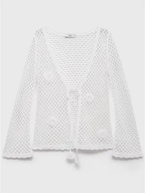 Mango Crochet Cardigan with Bow Closure NWT White L thumbnail 3