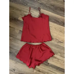 Retro Mystique Red Satin Heart Sheer Pajama Set Y2K Small Camisole Shorts‎ thumbnail 5
