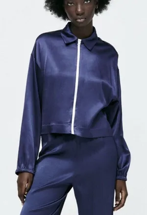 Zara Long Sleeve Satin Effect Crop Track Jacket Stretch Pockets M Sapphire Blue thumbnail 1