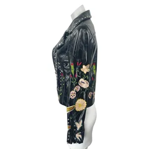 Elli White Black Faux Leather Floral Embroidered Studded Moto Biker Jacket Sz S thumbnail 2