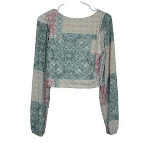 Altar'd State Patchwork Pastel Boho Crop Top Long Sleeve Blue Pink Large NWT thumbnail 8