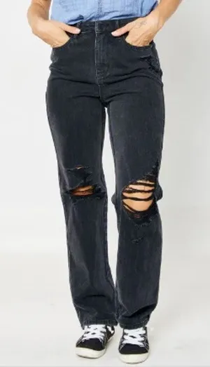 Judy Blue High Waisted Distressed 90s Straight Jean 9/29 Women’s Black thumbnail 1