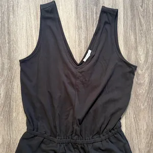 Daily Ritual Black Jumpsuit Double V neck Cropped Wide Leg Pima Cotton thumbnail 3