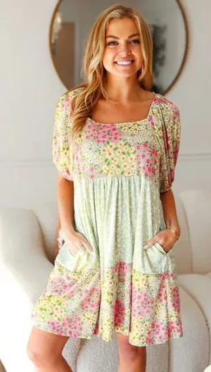Floral Color Block Square Neck Dress - Sage thumbnail 1